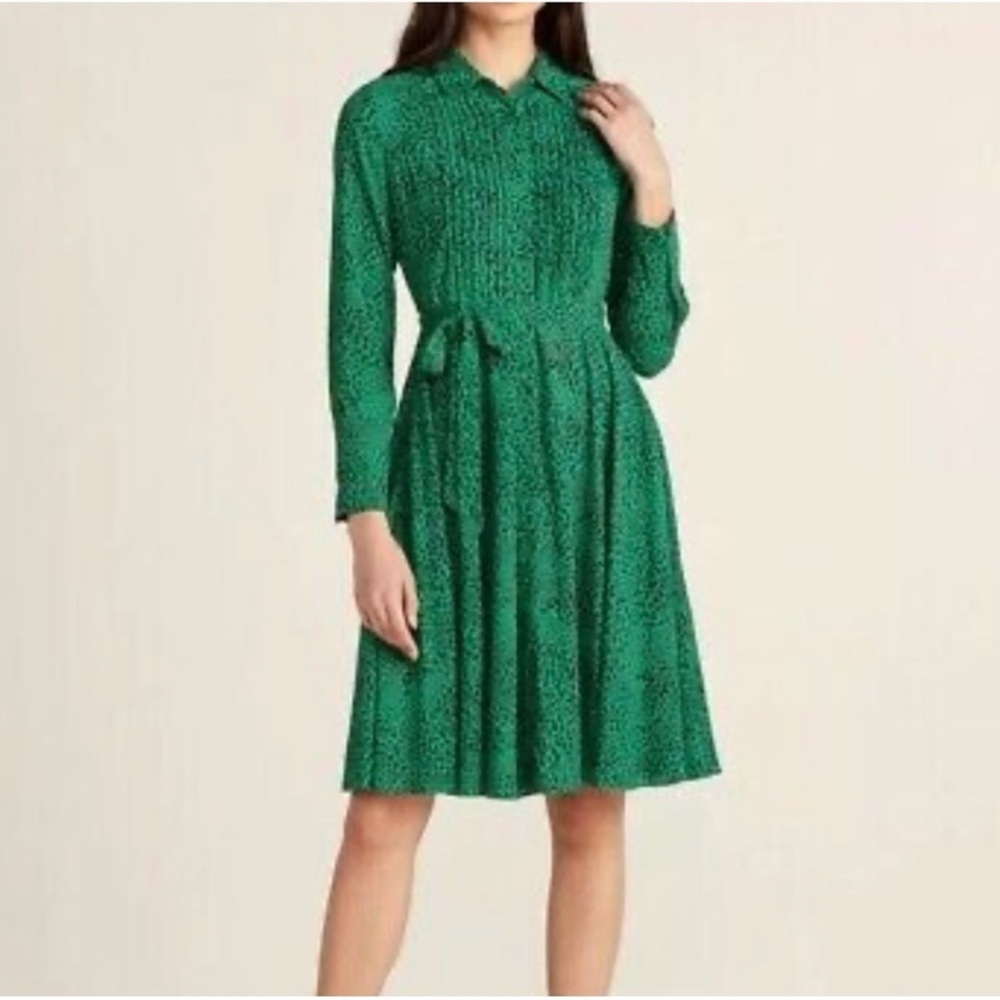 Nanette Lepore Shamrock Green Pintuck Animal print button front shirt dress Sz 8